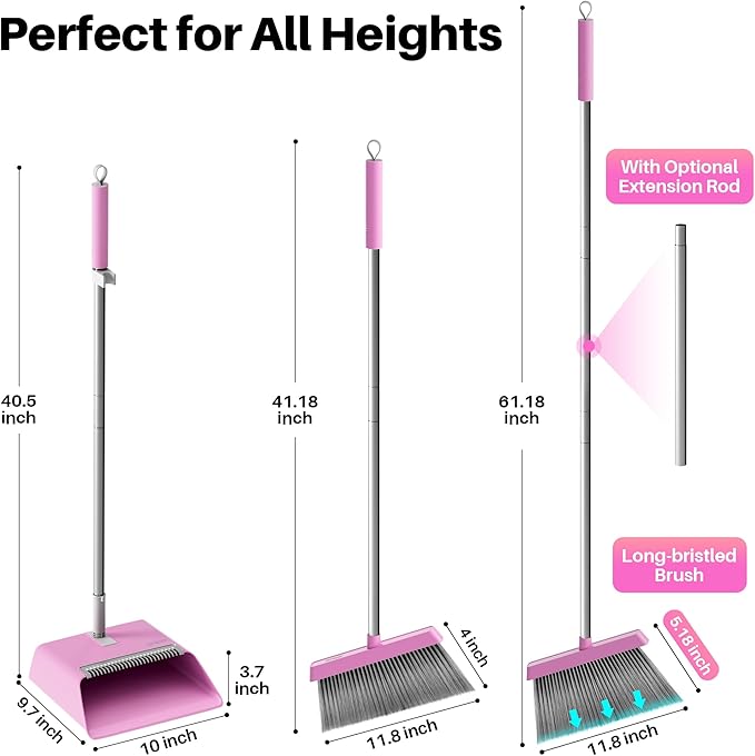 JOYMOOP Pink Broom and Dustpan Set with 56” Handle, Upright Angle with Built-in Comb Teeth for Hardwood Floors and Pet Hair-Ruum Studio Home