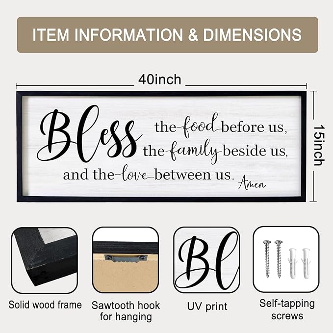 Bless the Food Before Us, the Family Beside Us, and the Love between us Framed Wall Art for Dining Room, 40''×15'' Holy Positive Religious Rustic Bible Verse for Christian God Jesus Christ Prayer-Ruum Studio Home