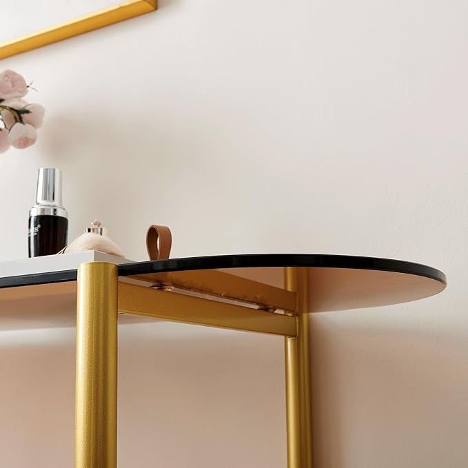 Oval Glass Console Table for Living Room, Foyer & Entrance, 2-Tiers Mid-Century Modern Sofa Table with Amber Glass Top, Walnut Finish Wood Top and Gold Finish Metal Frame-Ruum Studio Home