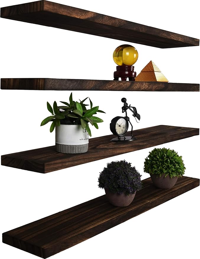 Wood Floating Shelves for Wall Decor, Rustic Wall Shelves for Bedroom Bathroom Kitchen Living Room, Set of 4 Walnut 36 Inch-Ruum Studio Home