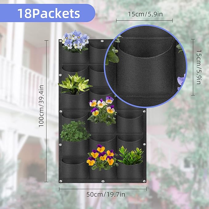 18 Pockets Hanging Planter Bags, Hanging Vertical Wall Mounted Plant Planting Grow Bags, Herb Garden Planter Outdoor Indoor Growing Bag, Gardening Vertical Greening Flower Container(1m×0.5m, Black)-Ruum Studio Home