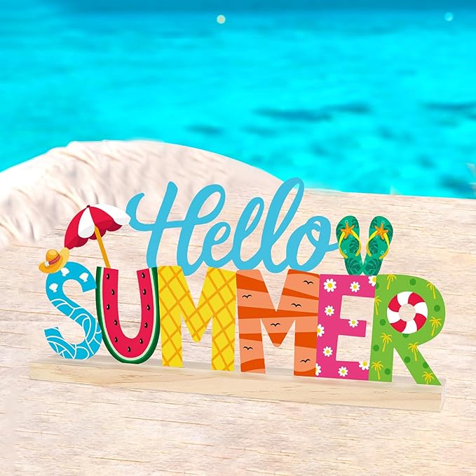 COCHIE Metal Hello Summer Sign, Summer Decorations for Home, Office, Shelf, Mantel, Indoor, Beach Slippers Tabletop Centerpiece Decoration, Watermelon Red Decor (Beach)-Ruum Studio Home
