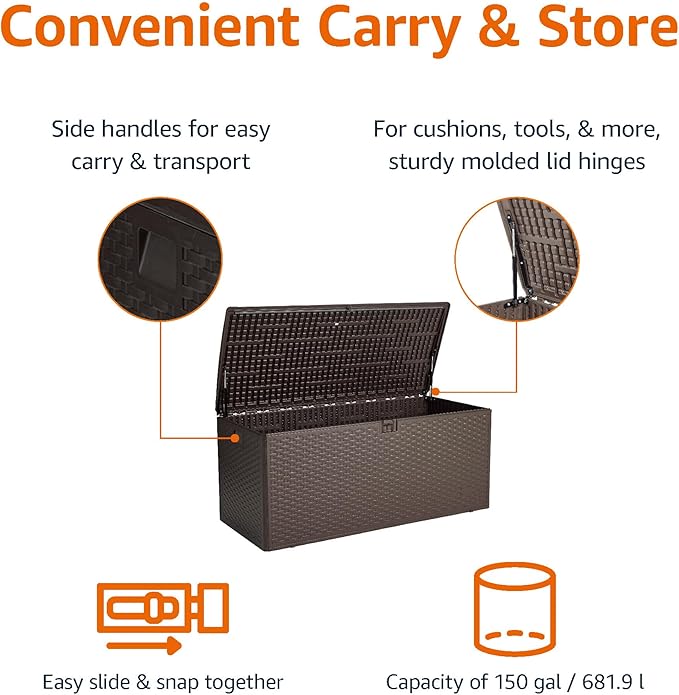 Amazon Basics Outdoor Patio Storage Box 150 Gallon Deck Box, Waterproof and Weather-resistant, Furniture Cushions Garden Tools, Brown-Ruum Studio Home