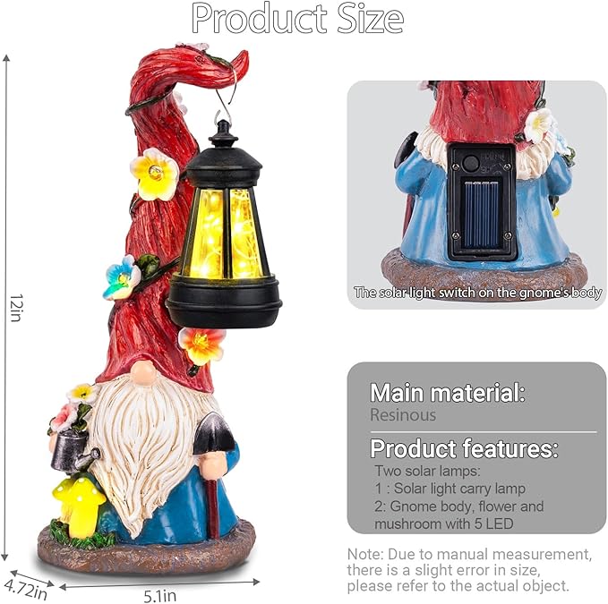 TIJNN Solar Garden Gnome Statue with Lantern, Dwarf Gardener Outdoor Decor for Patio, Yard, Porch Garden Gifts-Ruum Studio Home