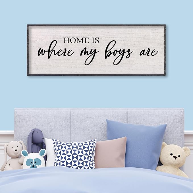 Home Is Where My Boys Are Wall Decor 32"×12" mom and her boys Sign for boys room Playroom Large Wood Framed Wall Hanging Art (Black)-Ruum Studio Home