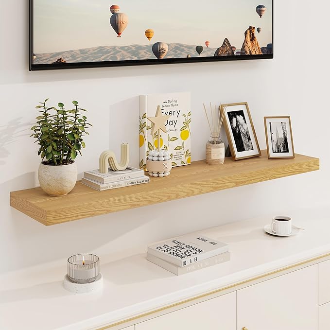 Fun Memories Floating Shelves, 8 Inch Deep Floating Shelves, Rustic Wood Fireplace Mantel 48 in Long, 48 x 8 Floating Wall Shelves for Living Room, Kitchen, Bedroom, Oak Color, 1 Pack-Ruum Studio Home