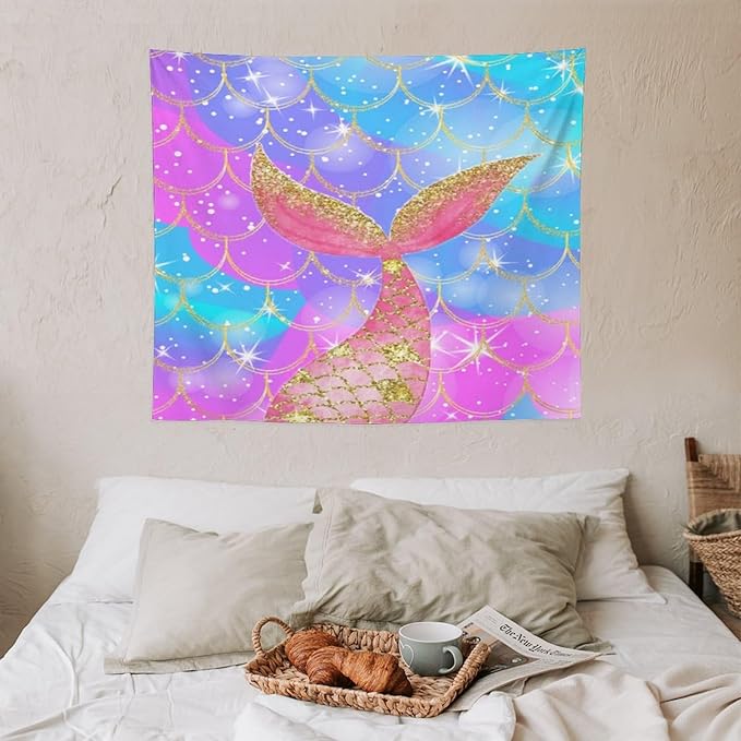 HZOHNAGO Mermaid Scales Tapestry Colorful Shiny Scales Mermaid Tail Pattern Printed Wall Tapestry Wall Hanging for Bedroom Living Room Dorm 60" W x 50" H-Ruum Studio Home