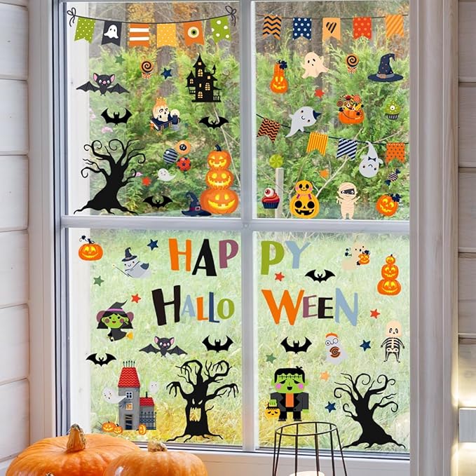 10 Sheets Halloween Window Clings Halloween Window Stickers Decorations Double-Sided Removable Castle Pumpkin Bat Glass Window Decals, Happy Halloween Window Clings for Kids Party Decorations-Ruum Studio Home