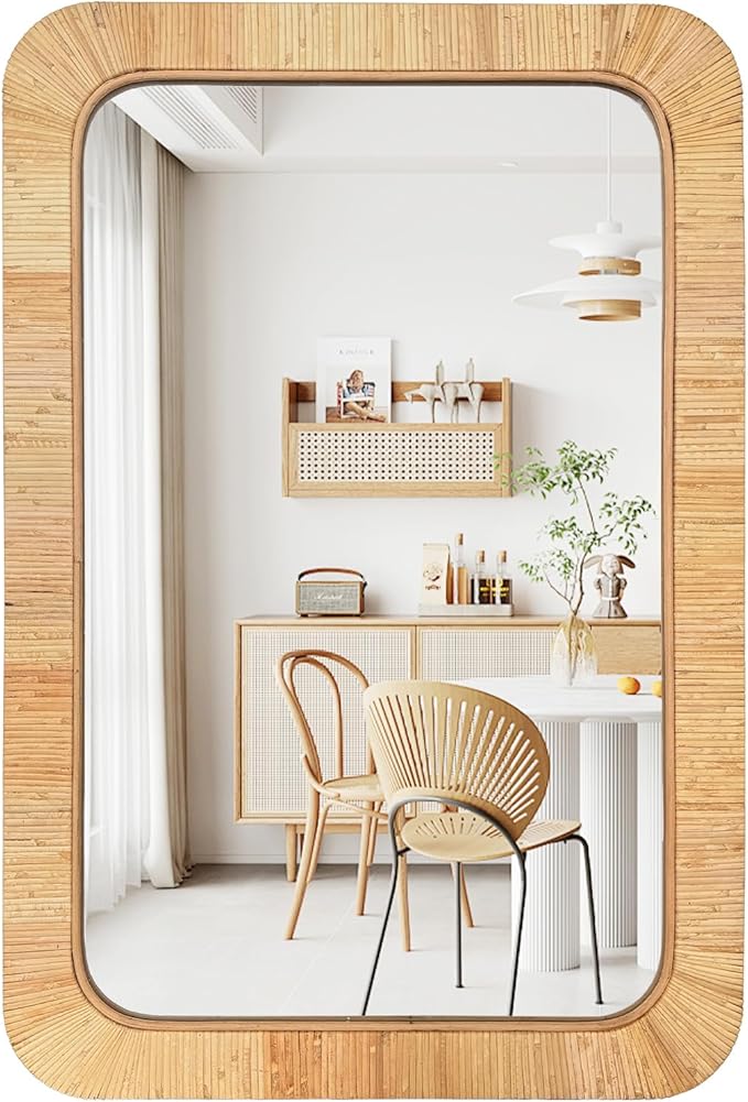 24x36 inch Rattan Rectangular Mirror for Wall, Bohemia Bathroom/Farmhouse Boho Mirrors, Vanity Irragular Decorative Mirror, Suitable for, Nursery, Bedroom, Living Room, Home Decoration-Ruum Studio Home