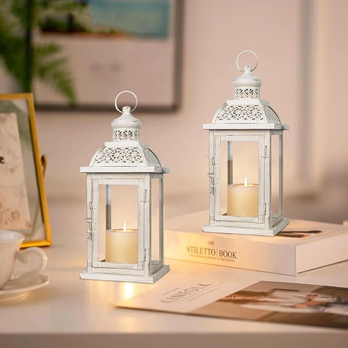 DECORKEY Lantern Decorative Indoor&Outdoor, 2 Pack 14.4'' Large Metal Candle Lanterns, Vintage Hanging Candle Holders for Farmhouse Wedding Front Porch Patio, Halloween Christmas Decorations for Home-Ruum Studio Home