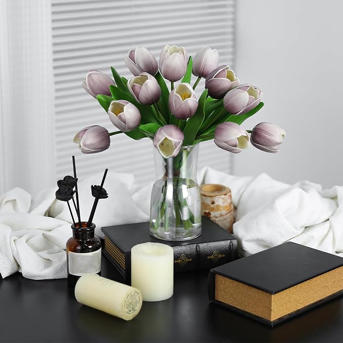 Light Purple Artificial Tulips, 2 Bundles 14Pcs, Fake Tulips Artificial Flowers, 2 x 2.4 Inch Large Flower Head Big Tulip, Easter Valentine's Day Mother's Day Home Decoration Flowers-Ruum Studio Home