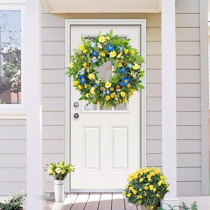 WANNA-CUL 24 Inch Spring Summer Carnation Wreaths for Front Door, Spring Front Door Wreath with Blue &Yellow Flowers Door Wreath with Pomegranates,Daisy for Wedding-Ruum Studio Home