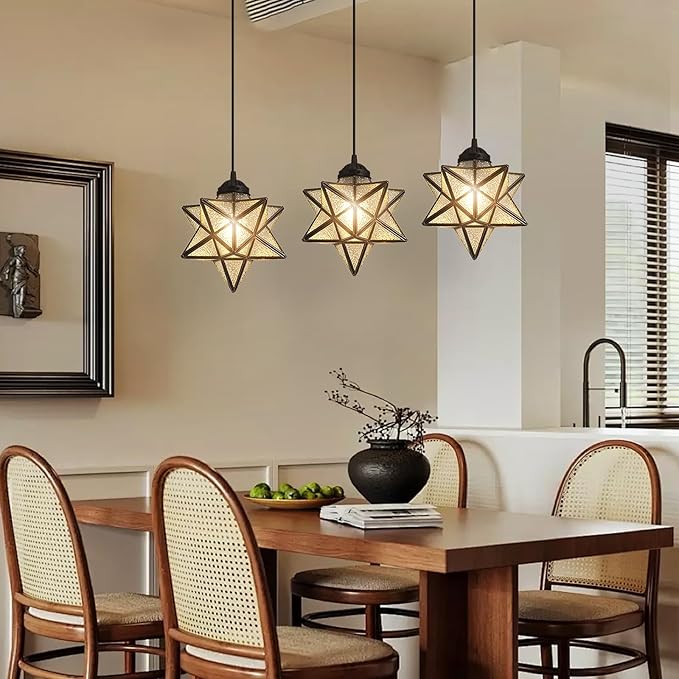 Modern Farmhouse Glam Chandelier Dining Room Glass Star Pendants Light Fixture Kitchen Island LED Ceiling Hanging Lights Included Warm Light Bulbs Black-Ruum Studio Home