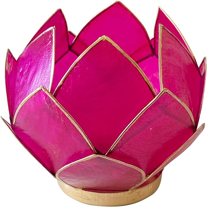 Blooming Lotus Capiz Shell Tealight Candle Holder, Handcrafted Decorative Tea Light Candleholder with Translucent Flower Petals for Ambient Illumination and Natural Elegance, Fuchsia-Ruum Studio Home