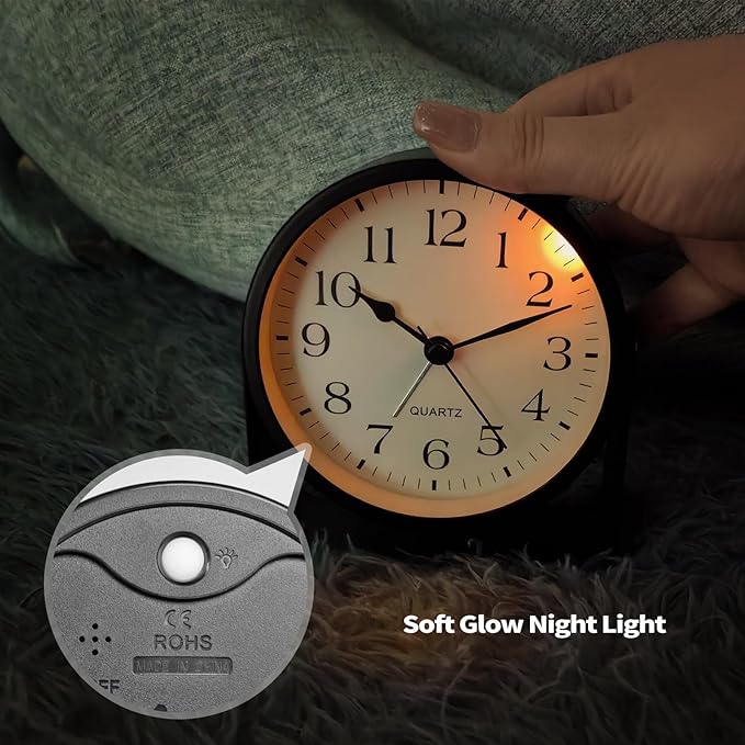 Small Desk Analog Alarm Clock Battery Powered Mini Metal Nightstand Shelf Clock with Light Side Table Decor Mid Century Cute Alarm Clock for Heavy Sleepers Bedrooms Desktop Living Room Bathroom-Ruum Studio Home