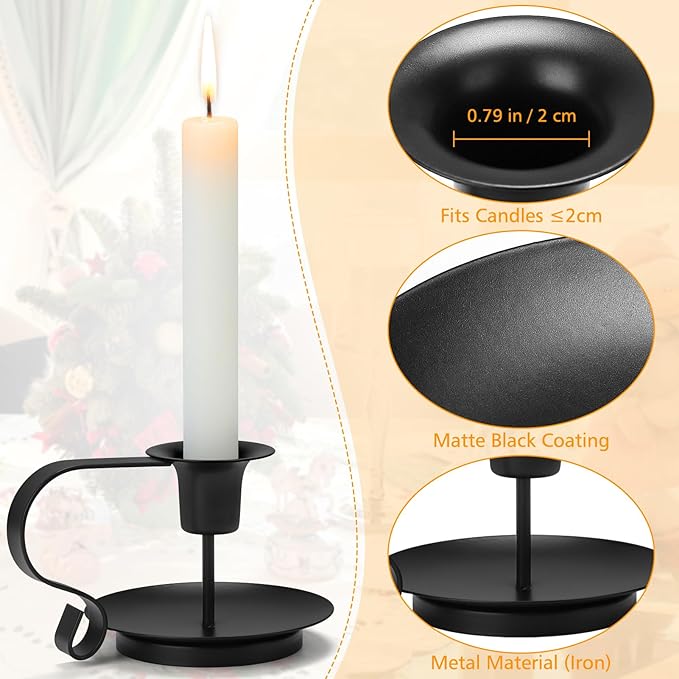 Black Metal Taper Candle Holders Set of 2, Vintage Chamberstick Candle Holder with Handle for Taper Candles, Farmhouse Rustic Candle Holders for Table Decor, Halloween Christmas Decoration-Ruum Studio Home