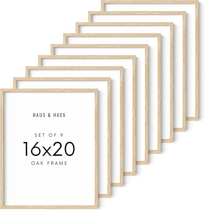 HAUS AND HUES Square Picture Frames 16 x 20 Set of 9 - Photo Gallery Wall Frame Set, Wood 16x20 Frames, 16 x 20 Frames Gallery Wall Set, 16x20 Frame with Mat, Square Frames 16x20 (Beige Oak Frames)-Ruum Studio Home