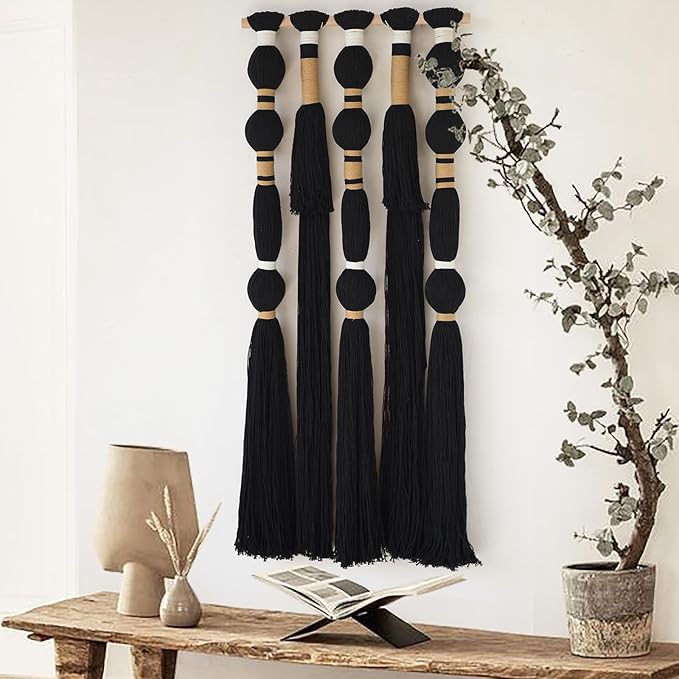 Macrame Wall Hanging Black Sphericity Cotton Tassels Textile Hanging Geometric Yarn Wall Art for Bedroom Living Room Decor 15.7" W x 39" L-Ruum Studio Home