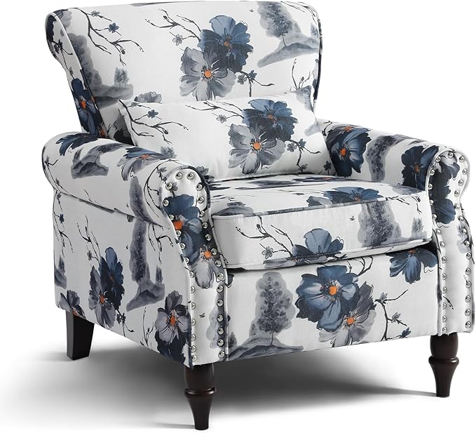 Wingback Accent Chair with Removable Pillow, High Back Floral Armchair with Solid Wood Legs & Nailhead Trim, Comfy Upholstered Reading Single Sofa Chair for Bedroom (1, Ink Blue Pattern)-Ruum Studio Home