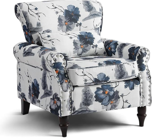 Wingback Accent Chair with Removable Pillow, High Back Floral Armchair with Solid Wood Legs & Nailhead Trim, Comfy Upholstered Reading Single Sofa Chair for Bedroom (1, Ink Blue Pattern)-Ruum Studio Home