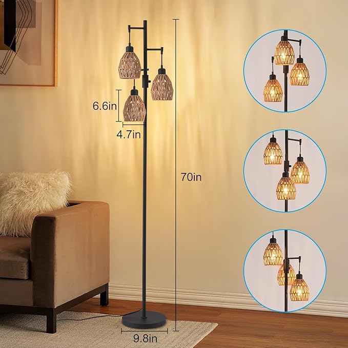 Boho Rattan Floor Lamp-Standing Lamps for Living Room 70'' Dimmable Floor Lamp with Cage Shade, Industrial Farmhouse Floor Lamps Rustic Floor Lamps Vintage Lamp for Living Room Bedroom Office-Ruum Studio Home