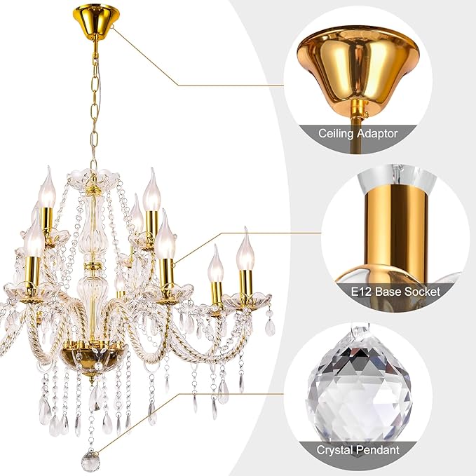 Modern Elegant 15 Lights K9 Crystal Glass Chandelier Golden Pendant Ceiling Lighting European Style for Dining Living Room Bedroom Transparent,15 E12 Bulbs Required-Ruum Studio Home