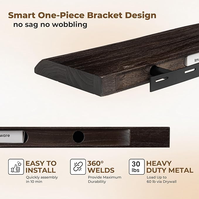 Axeman 48 inch Floating Shelves for Wall - 8'' D Live Edge Rustic Solid Elm Wood Floating Shelves Wall Mounted, Hanging Shelves with Invisible Bracket for Living Room Bedroom Kitchen, Walnut-Ruum Studio Home