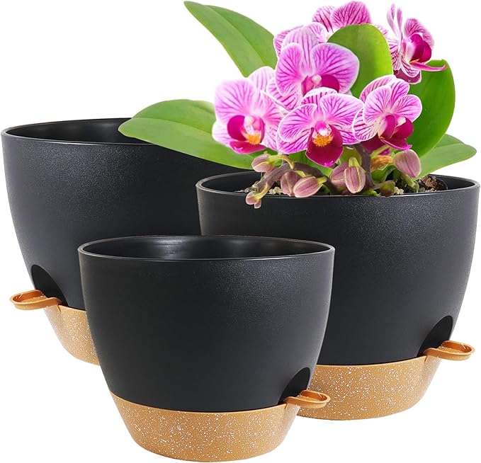 10/9/8 inch Medium Self Watering Pots, Planter, Plant Pots with Mesh Drainage Holes for Indoor Outdoor Garden Plants, Plastic Flower Pots with Removable Deep Reservoir, Black with Brown-Ruum Studio Home