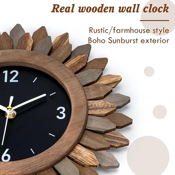 Honiway Wall Clock Battery Operated 12 in Rustic Wood Boho Sunburst Decorative Wall Clock Silent Non Ticking Farmhouse Small Wall Clocks for Living Room Kitchen Bathroom Bedroom Decor (Tricolor)-Ruum Studio Home