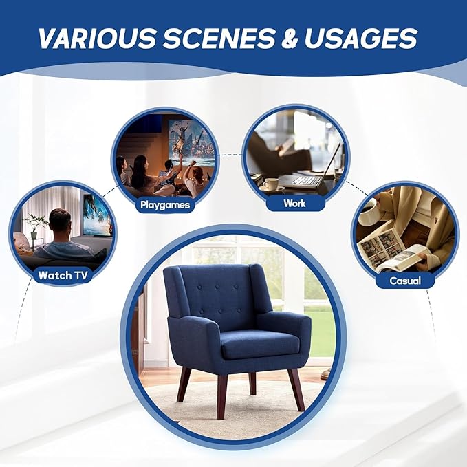 HUIMO Accent Chairs Set of 4, Upholstered Button Tufted Armchair, Linen Fabric Sofa Chairs for Bedroom, Living Room, Mid Century Modern Comfy Reading Chair (4, Dark Blue)-Ruum Studio Home