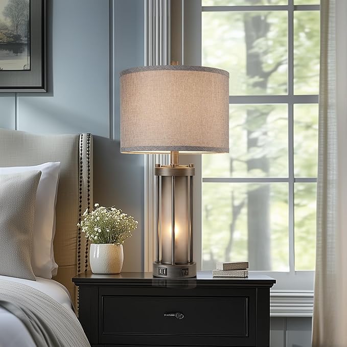 Set of 2 Rustic Table Lamps for Living Room with 2 USB Ports, Vintage Bedside Lamps with Gray Frosted Glass Night Light for Bedroom Desk Lamps for Entryway, 4 Bulbs Included-Ruum Studio Home