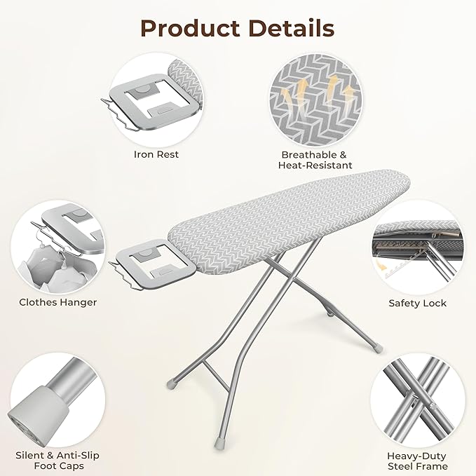 Yaheetech Foldable Ironing Board, Heavy Duty Iron Board with 9 Adjustable Heights, 4 Layer Cover and Safety Iron Rest, 52X14 Compact and Space Save Iron Board for Home Laundry Room Use, Gray&White-Ruum Studio Home