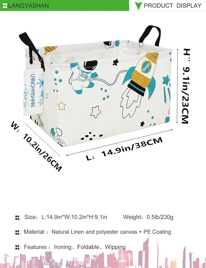 LANGYASHAN Rectangular Storage Bin Collapse Canvas Fabric Cartoon Storage Basket with Handles for Organizing Home Kitchen Boys and Girls Toys Office Closet Shelf Baskets (Rec space astronaut)-Ruum Studio Home