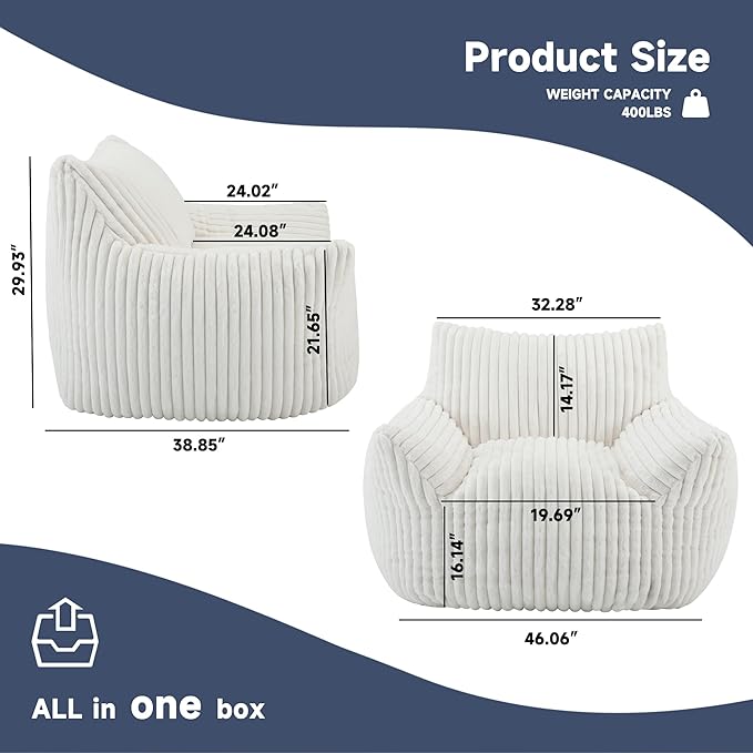 Oversized Bean Bag Chair for Adults, Giant Comfy Plush Boneless Bean Bag Couch with Filler for Kids - Reading Chair for Living Room, Bedroom & Dorm, Single Accent Chair Floor Lounger, Beige-Ruum Studio Home
