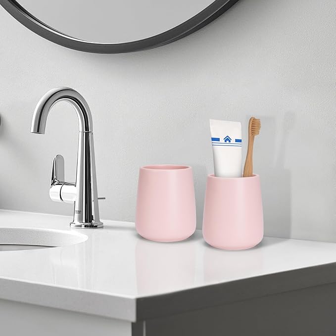 Bathroom Tumbler Cup Ceramic 13.5oz Reusable Toothbrush Cup 400ml,Toothbrush Holder Adequate for Your Bathroom (Pink)-Ruum Studio Home