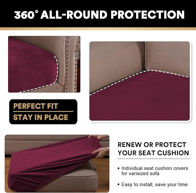 PrinceDeco Stretch Couch Cushion Covers Fitted Individual Seat Couch Slipcover Sets Velvet Fabric Soft Slip Cover for Chair Sofa Cushion Furniture Protector(Each Width Up to 29.5",Burgundy)-Ruum Studio Home