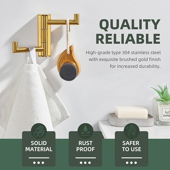 Angle Simple 3 Arms Towel Hook Brushed Gold, 304 Stainless Steel Swivel Triple Towel Holder, Folding Bathroom Hook, Wall Mount-Ruum Studio Home