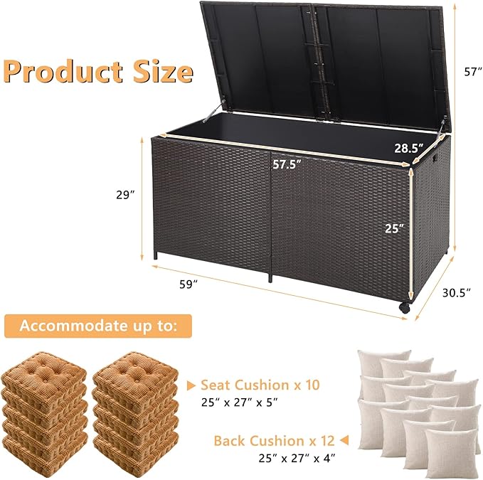 HAPPYGRILL 175 Gallon Outdoor Rattan Deck Box, Wicker Storage Bin with Zippered Liner & 2 Universal Wheels, Safe Pneumatic Rod, Patio Rattan Storage Container for Cushions Pillows-Ruum Studio Home