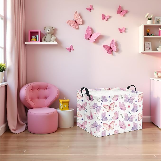 HIYAGON Rectangular Pink Basket for Girls Kids Baby Storage Basket Toy Storage Bin Organizer Box Room Decor(Watercolor Butterfly)-Ruum Studio Home