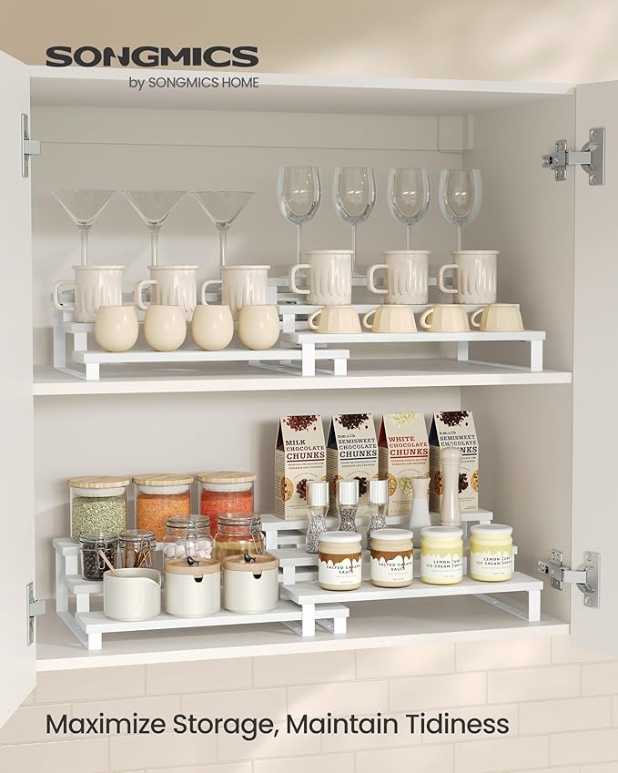 SONGMICS Display Risers, Set of 2 Engineered Wood Perfume Organizer Stand, 3-Tier Cupcake Stand Holder, Spice Rack, Shelf Risers for Figures, Dessert Shelves, Snow White and Cloud White UKCS116W01-Ruum Studio Home