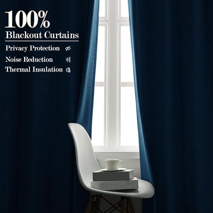 Extra Wide 100% Blackout Linen Textured Curtains - Room Dividers, W200 x L96 (1 Panel), Pinch Pleat Drapes for Living Room, Full Light Block Out Drapery for Sliding Door, Blue-Ruum Studio Home
