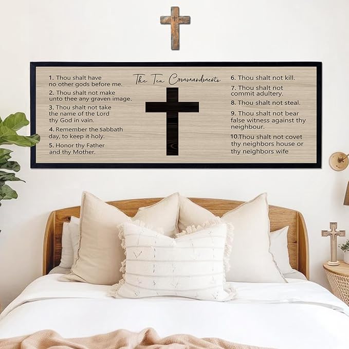 Ten Commandments Rustic Bible Verse Framed Wall Art 40" x 15" Black Religious Christian Slogan Representing God Jesus Christ Prayer Vintage Holy Inspirational Catholic Scripture Decor-Ruum Studio Home