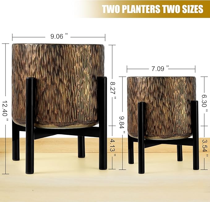 Harvest Land Plant Pots with Stand, Set of 2 Large Modern Planters Metal Tall Handmade Flower Pots with Drainage Holes Indoor Outdoor,Bronze-Ruum Studio Home