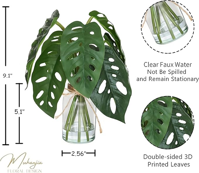 Artificial Flowers Turtle-Back, Alocasia Leaf, in Glass Vase with Faux Water,7Pcs Artificial Leaves Real Touch Latex Leaves for Centerpiece (2, Turtle-Back&Alocasia Leaves)-Ruum Studio Home