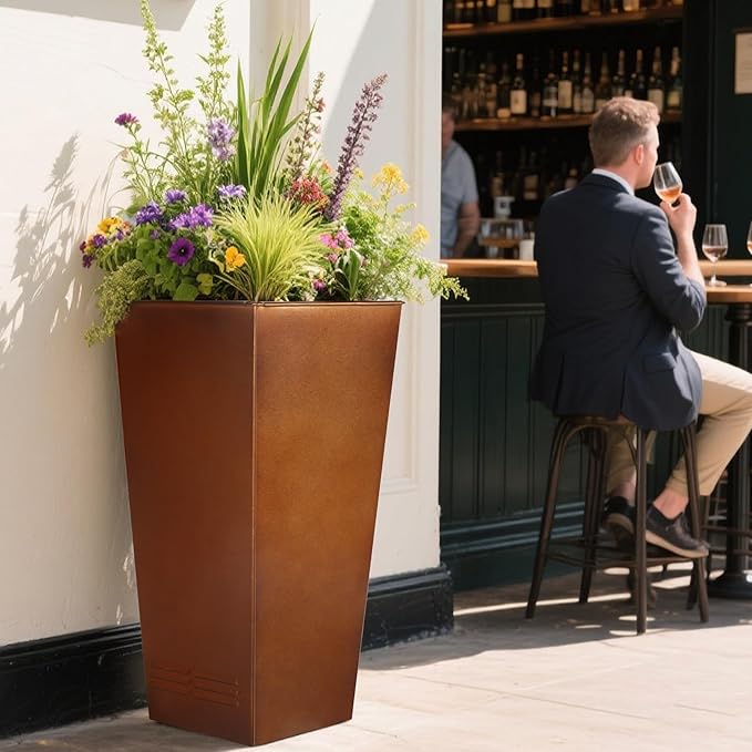 Worth Garden 28" H. Large Metal Planter Set of 2, Classic Matte Bronze Retro Finish Tall Square Tapered Steel Flower Plant Pots for Indoor & Outdoor Use - Insert Plate with Drain Holes, Air Vents-Ruum Studio Home