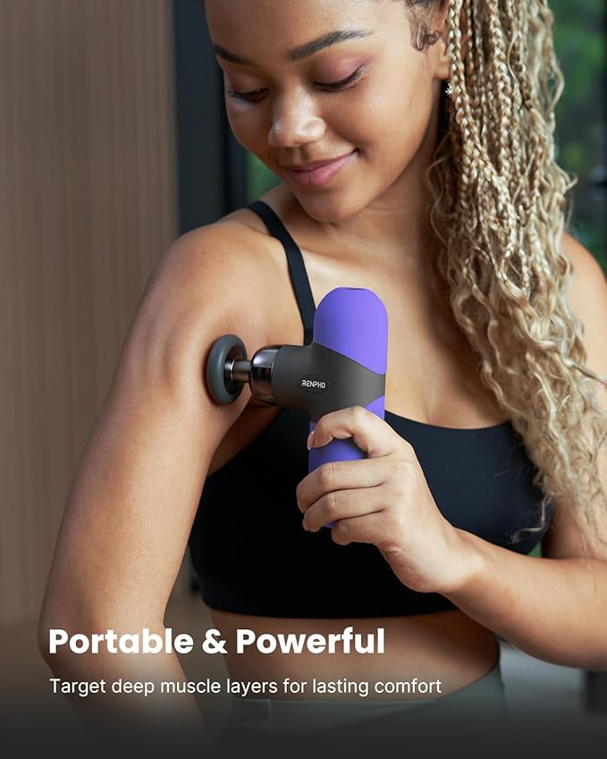 RENPHO Mini Thermal Massage Gun with Heat, Portable Deep Tissue Percussion Massager, Color Silicone Sleeves Travel Size with Carry Case, Purple-Ruum Studio Home