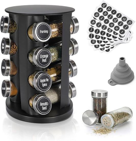 Black Countertop Rotating Spice Rack, 16-Jars Revolving Spice Rack Organizer Tower, 135 Spice Labels with Funnel Complete Set, Seasoning Organizer for Kitchen Countertop, Cabinet-Ruum Studio Home