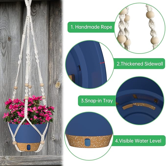 ZMTECH 2 Pack 10 Inch Blue Hanging Planters with Macrame Plant Hanger for Indoor and Outdoor Plants, Self Watering, Drainage Hole, Visible Level Tray-Ruum Studio Home