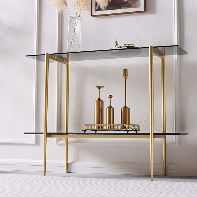 Glass Console Table for Living Room, Foyer & Entrance, 2-Tiers Mid-Century Modern Sofa Table with Grey Glass Top, Black Marble Finish Wood Shelf and Gold Finish Frame-Ruum Studio Home
