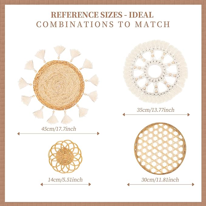 Boho Wall Basket Decor Set of 4 - Flat Woven Basket Wall Hanging Decor,Round Tassels White Macrame Tapestry Wall Decor Art,Handmade Rattan Wicker Seagrass Home Wall Baskets Decor(Wooden Beads Style)-Ruum Studio Home